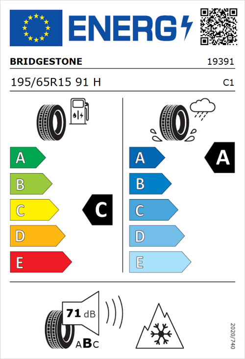 Tyre Label for Bridgestone Weather Control A005 EVO 195/65R15 91H
